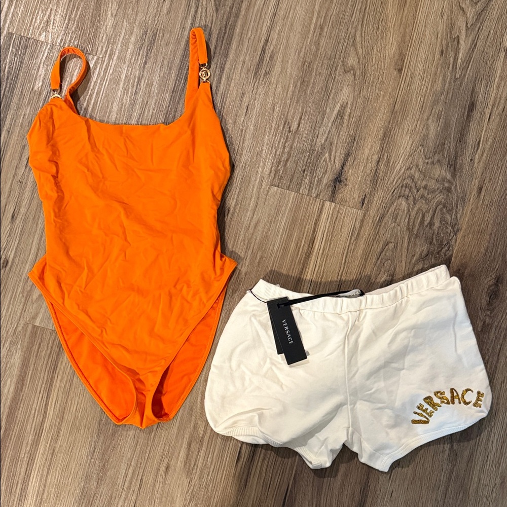 Versace Orange One Piece Swimsuit and White Shorts Set xs 1